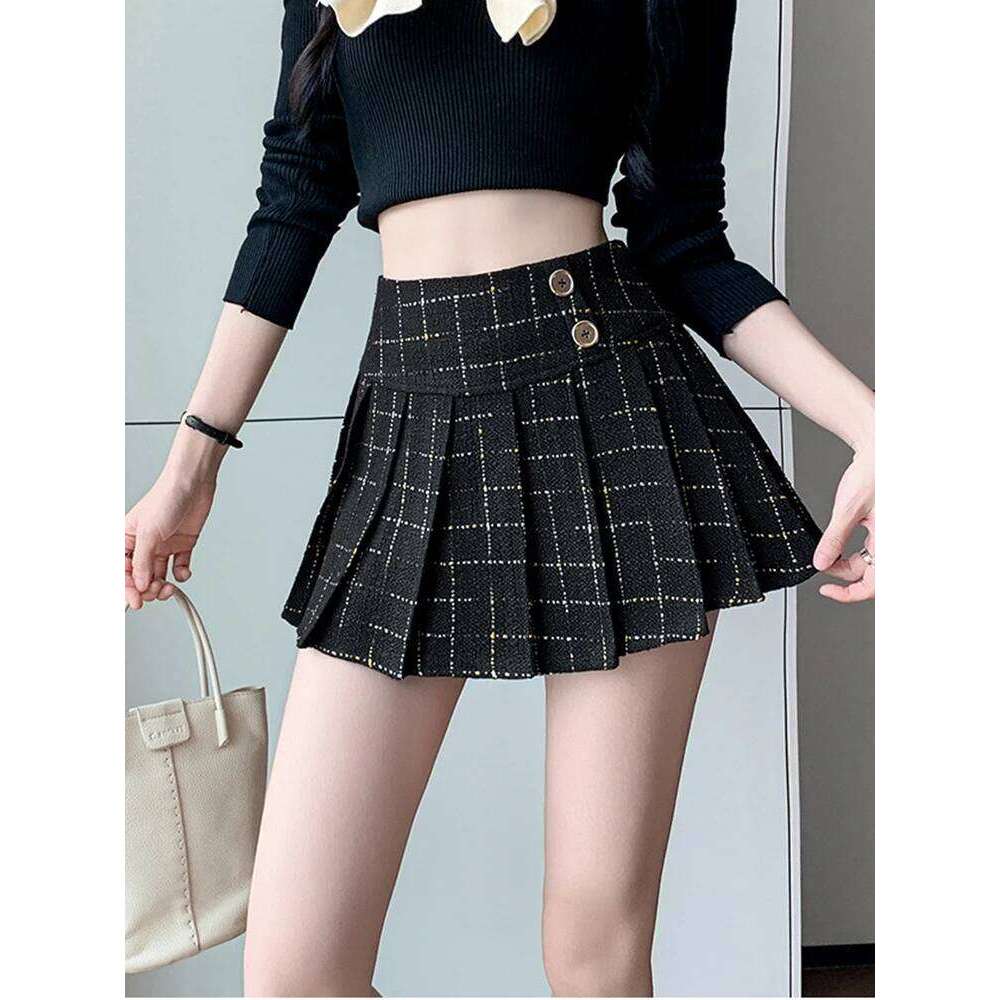 College Style Tweed Plaid Vintage Jk Mini Skirt For Women Autumn Winter Office OL Pleated Short Skirts Lady Z260314