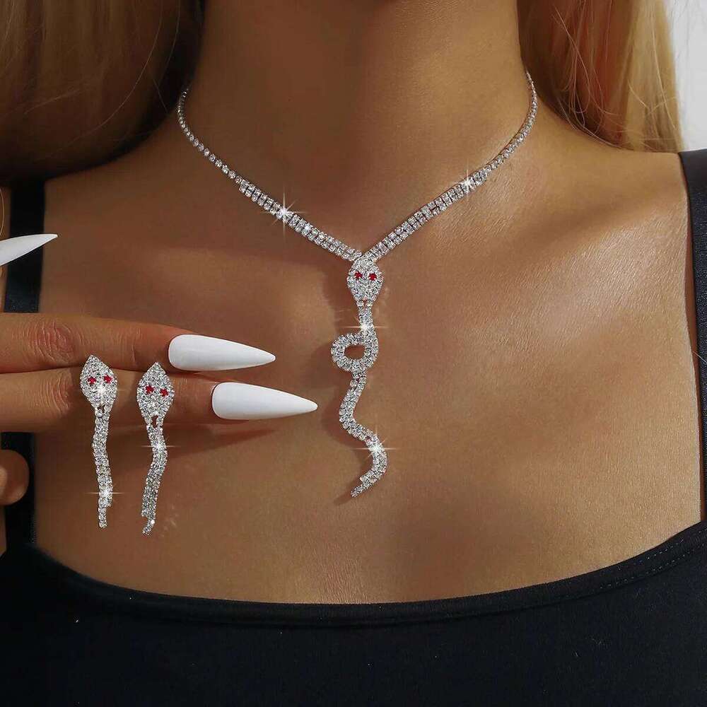 European and American popular jewelry with rhinestone snake shaped necklace, bracelet, earrings, four piece set for women Z260313