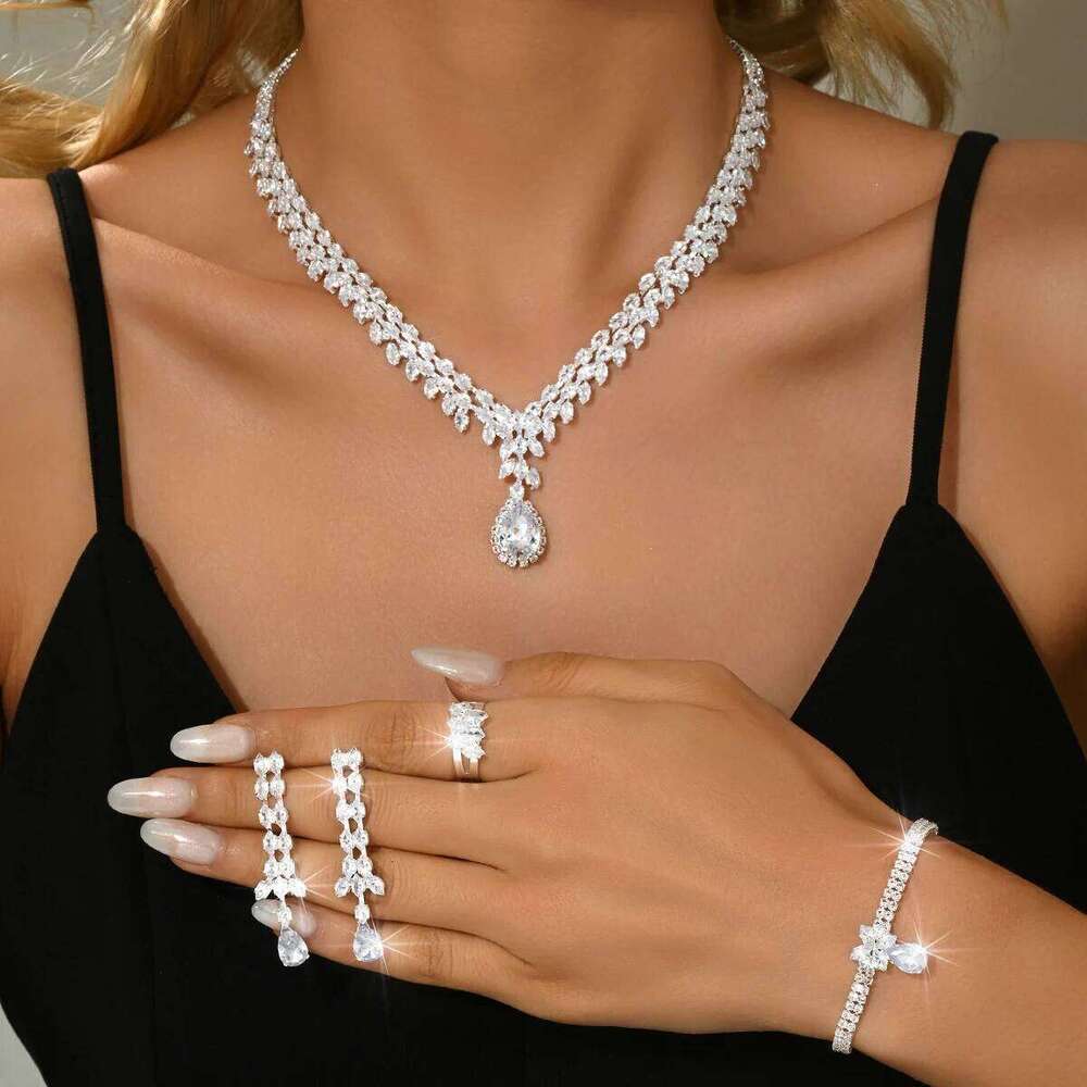 Ins Premium Simple and Versatile Daily Silver Necklace Earrings Bracelet Ring Full Diamond Four Piece Set Z260313