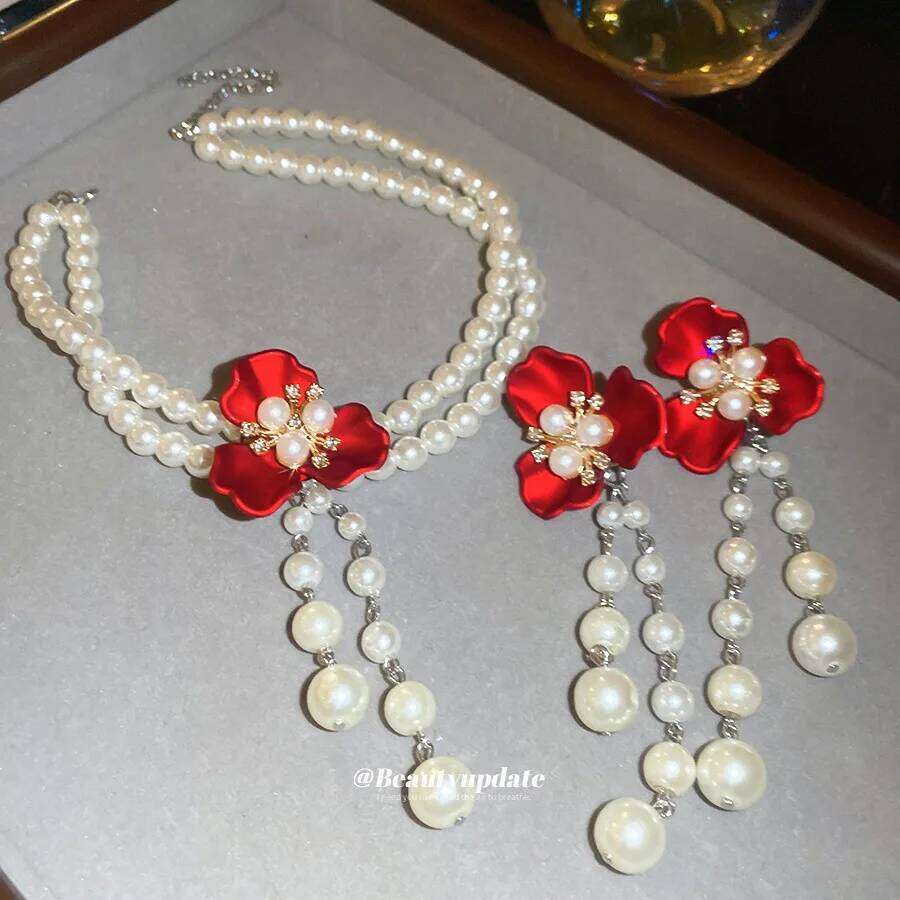 Flower Pearl Necklace Earrings Exquisite Elegance Temperament Jewelry Set Luxury Women Z260313
