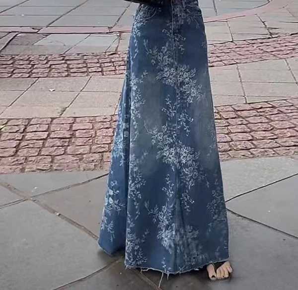 Floral Denim Midi Skirt for Women in Summer Thin and High Waisted A-line Long Skirt Loose and Slimming Big Swing Skirt M260314