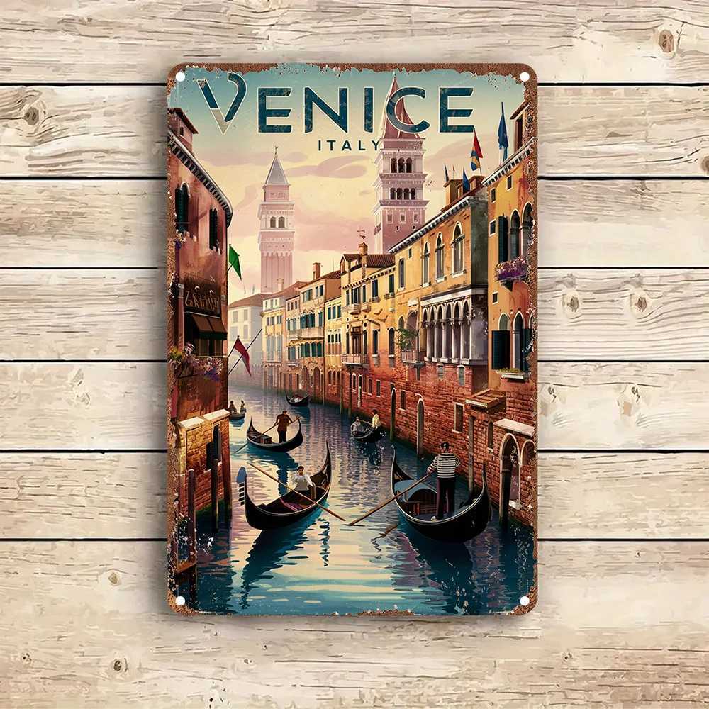 Vintage Venice Italy Landscape Metal Tin Sign - Rustic Wall Art with Gondolas Historic Buildings Perfect for Home Bar Cafe D260314