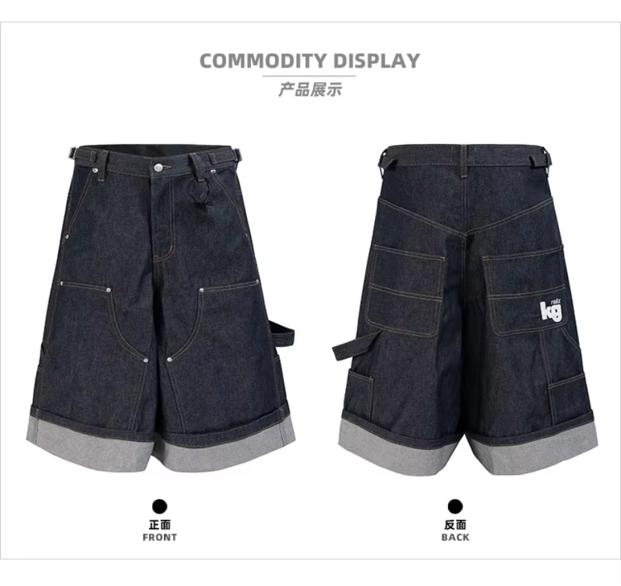 MIJKO Men's and Women's New Original Cattle Logging Seven-Part Over-the-Knee Shorts Unisex Color-Block Folded