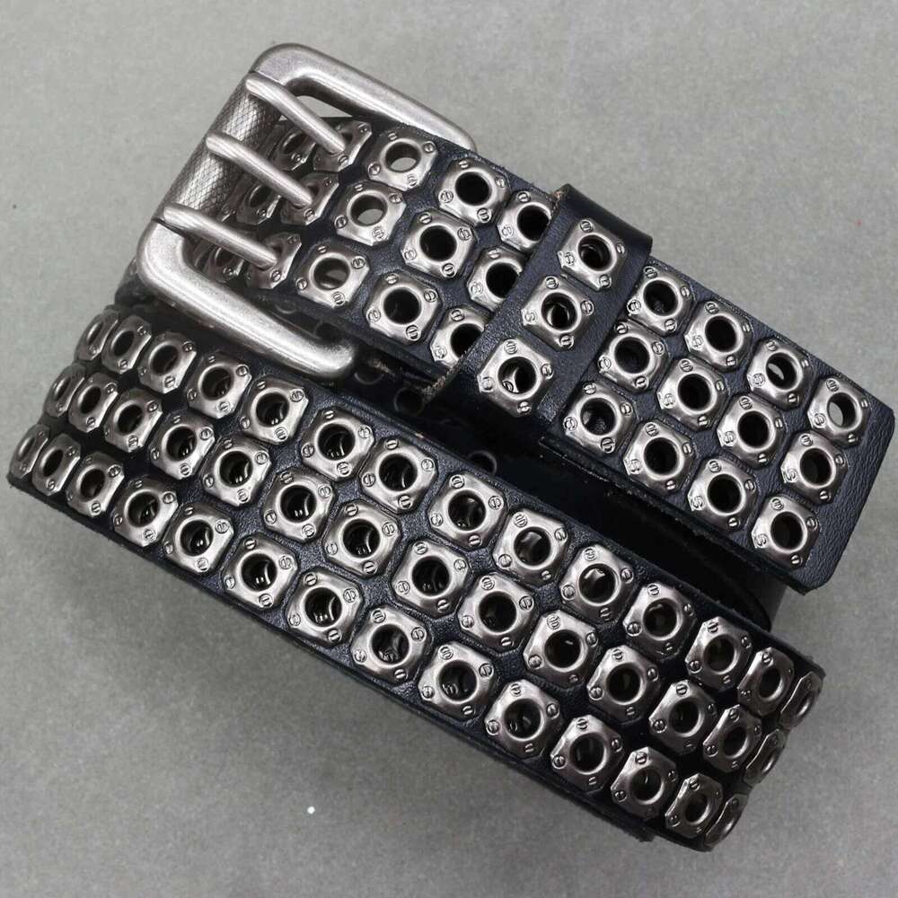 Brand Men Rivet Real Pin Male Black Rock Genuine Leather Cowhide Luxury Punk Belt Jeans Z260226
