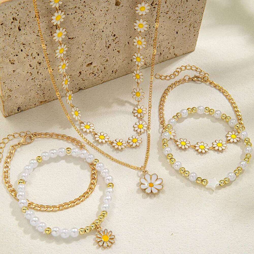 2-piece necklace+4-piece oil dripping daisy necklace imitation pearl chain bracelet versatile women's jewelry set Z260313