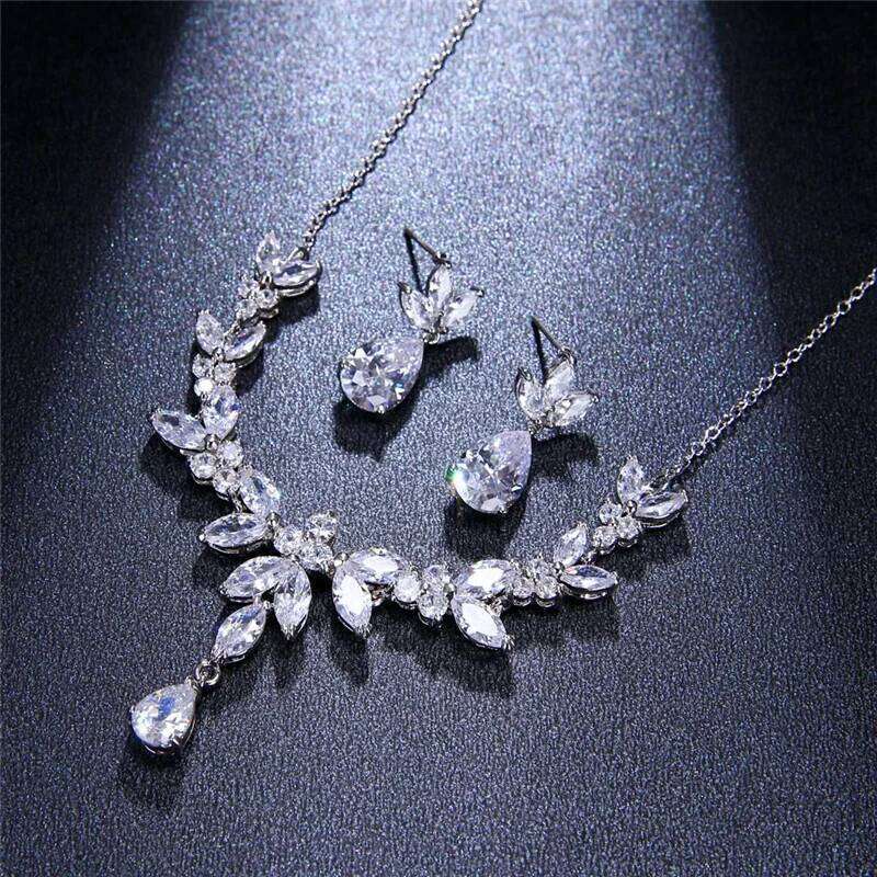 Ekopdee Luxury Brilliant Leaf Jewelry Set For Women Zircon Silver Color Wedding Bridal Necklace Earrings 2021 New Parure Bijoux Z260313