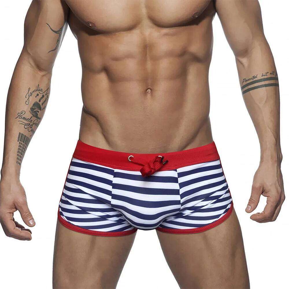 Men's boxer swim trunk striped side slit anti-embarrassing swimming trunks hot spring beach swimsuit Z260314