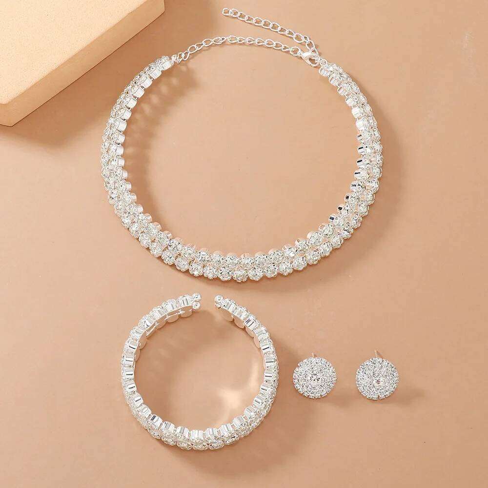 Light Luxury Double Layer Choker Necklace for Women Full Rhinestone Cuff Bracelet Stud Earring Braidal Wedding Party Jewelry Set Z260313