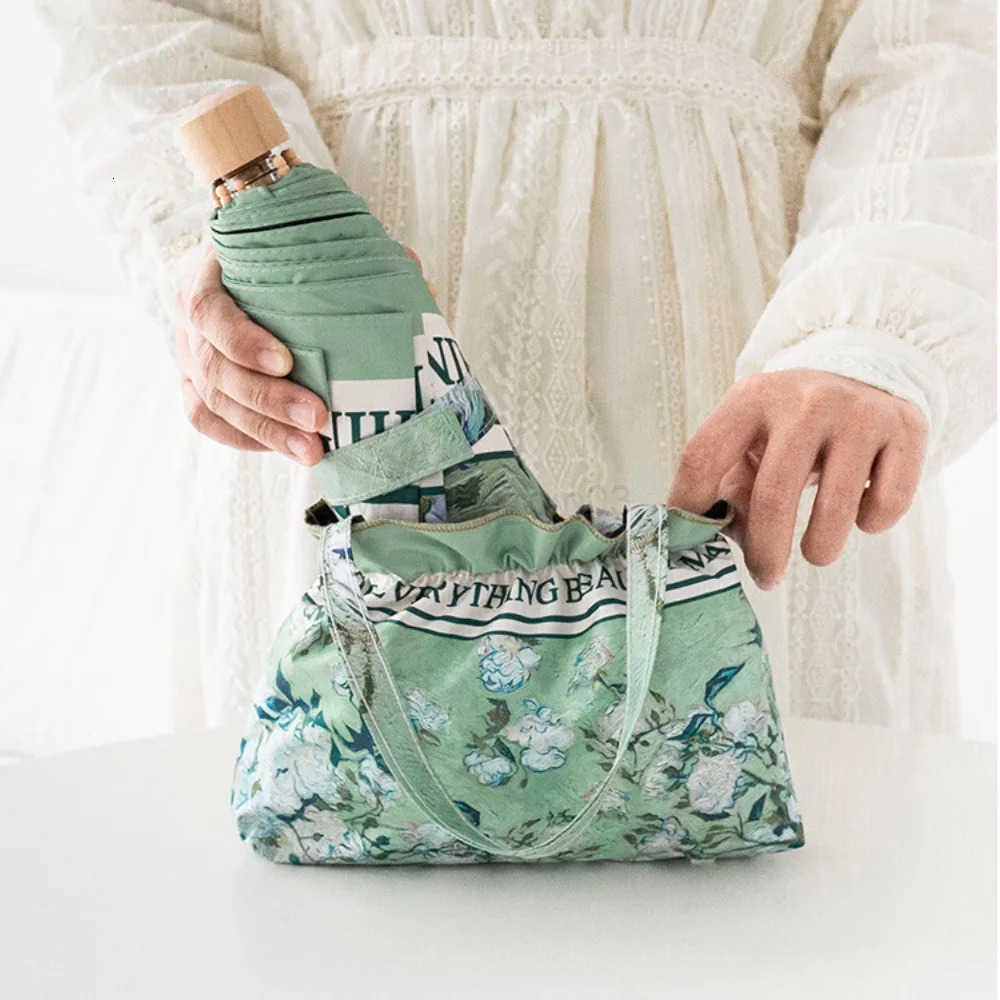 Double Layer Umbrella Wood Handle Vintage Floral Three Fold Umbrellas Foldable Uv Protection Sunshade Sun Protection Umbrellas H260314