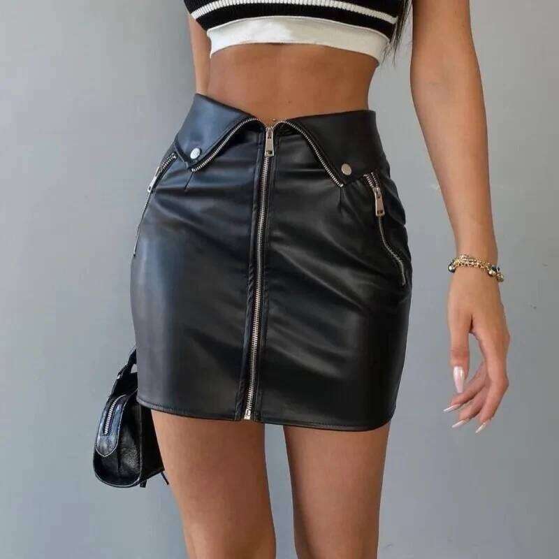 New Women Sexy Y2K PU Leather Zipper High-waist Skirt Black Chic Multi Zip Fashion Slim Hip Skirts Summer Club Party Mini Dress Z260314