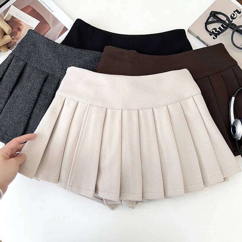Women's Pleated Mini with Side Slit Built-in Shorts Low Rise Thick Wool Skirt Teen-girl Skort Autumn Winter Y2K Coquette Z260314