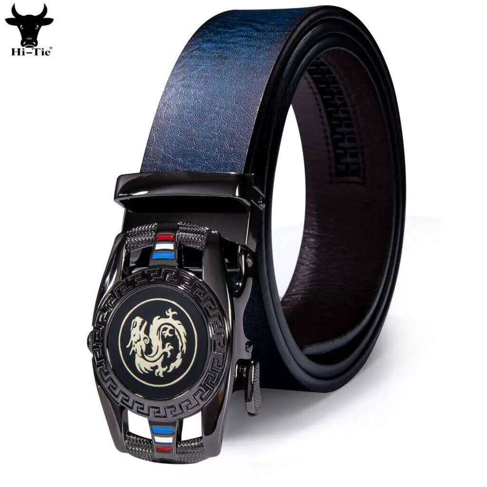 Hi-Tie Navy Blue Genuine Leather Mens Belts Dragon Automatic Buckles Ratchet Adult Waist Belt for Men Dress Jeans Adjustable XXL Z260226