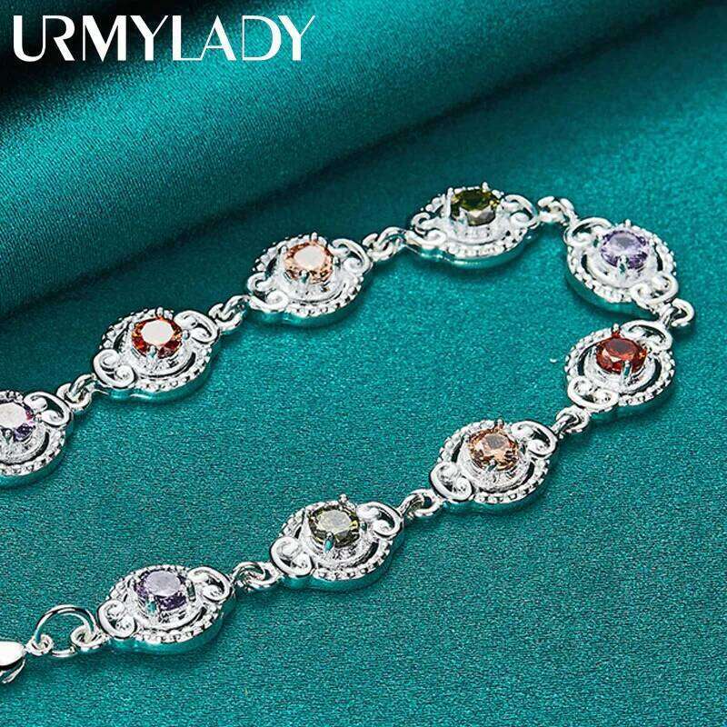 URMYLADY 925 Sterling Silver Charm Purple Orange Red Green Zircon Chain Bracelet For Women Wedding Engagement Fashion Jewelry Z260313