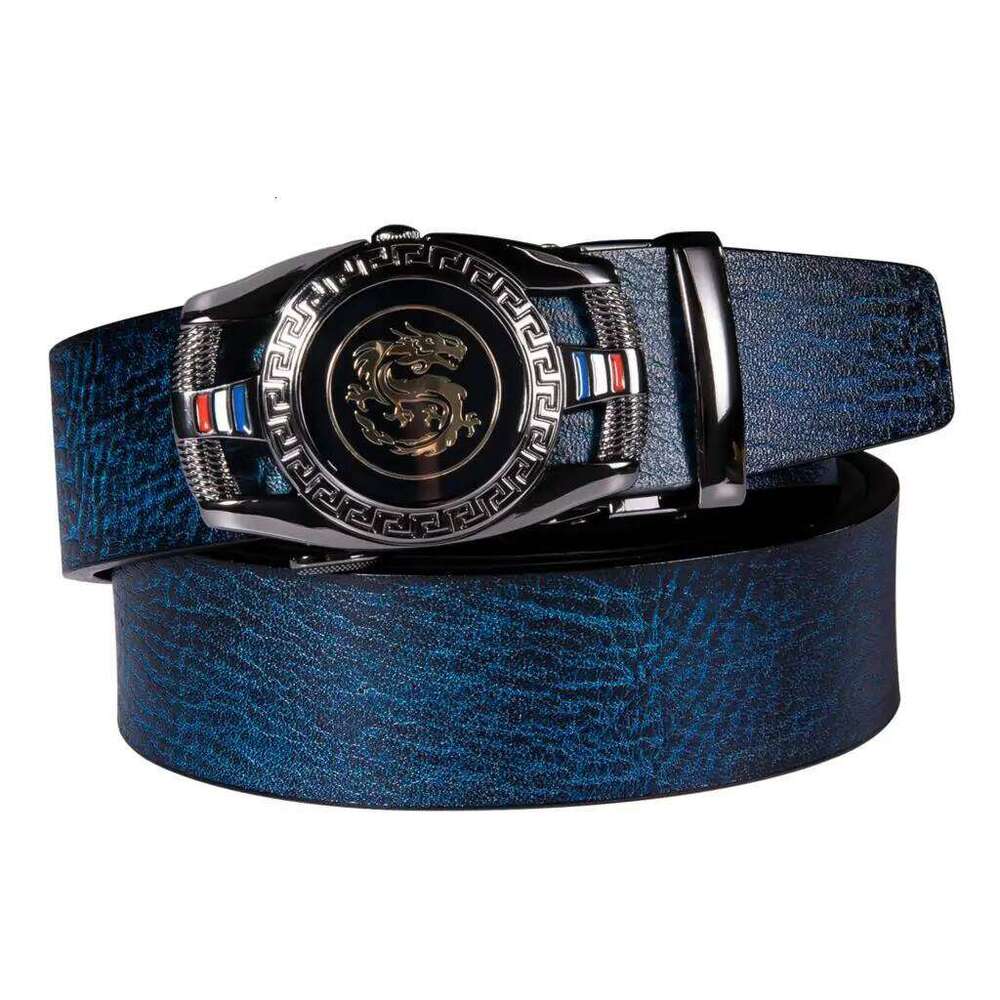 Hi-Tie Navy Blue Genuine Leather Mens Belts Dragon Automatic Buckles Ratchet Adult Waist Belt for Men Dress Jeans Adjustable XXL Z260226