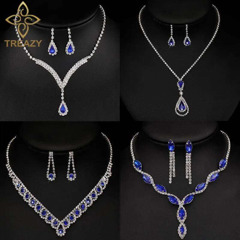TREAZY Royal Blue Crystal Bridal Silver Plated Rhinestone Necklace Earrings Set for Women Prom Wedding Jewelry Sets Z260313