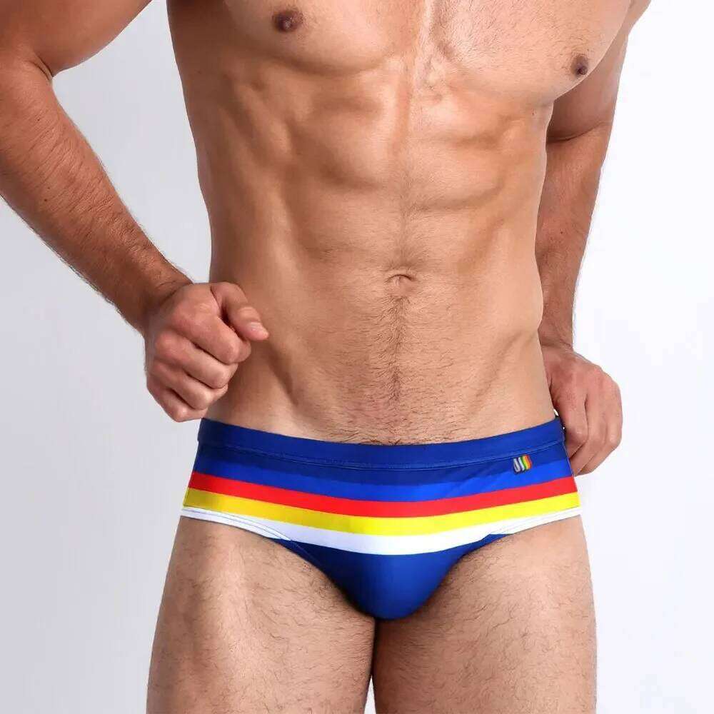 Men's Sexy Low Rise Swim Briefs Bikini Swimsuits Pouch Enhance Swimwear Striped Surf Trunks Beach Shorts Bathing Suit Male Z260314