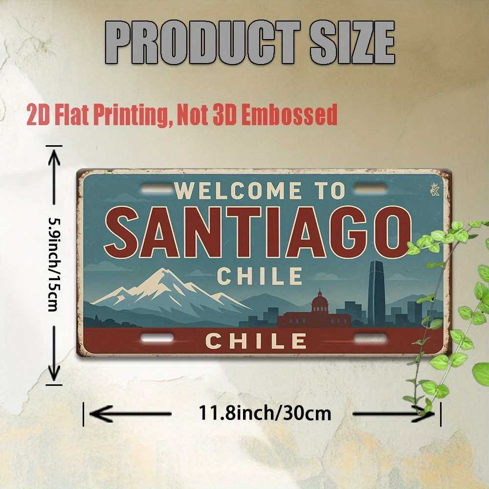 Welcome to Santiago Chile 2D Flat Printing License Plate Style Metal Tin Sign Andean Mountain Cityscape Themed Decorative Alumi D260314