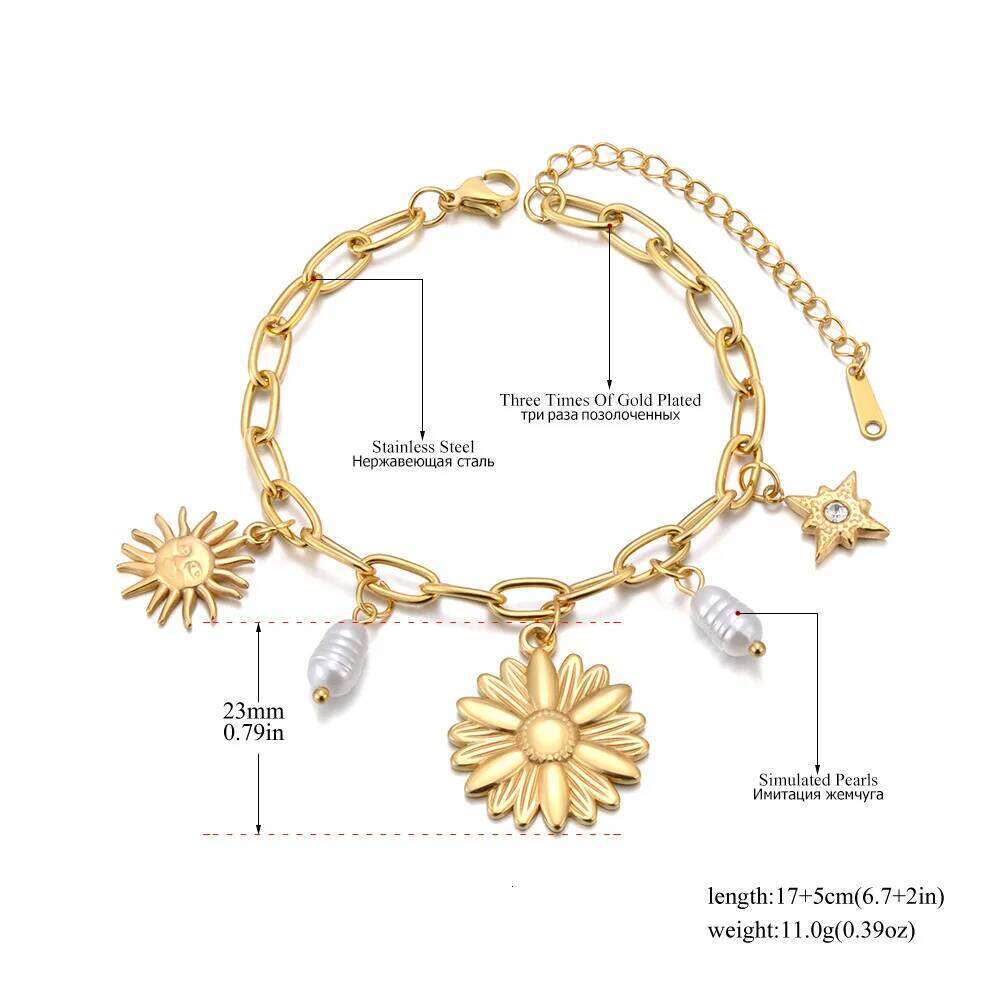 Lokaer Stainless Steel Sun Star Flower Pearl Charm Bracelet for Women Waterproof 18k Gold Plated Wrist Chain Party Gift B25105 Z260313
