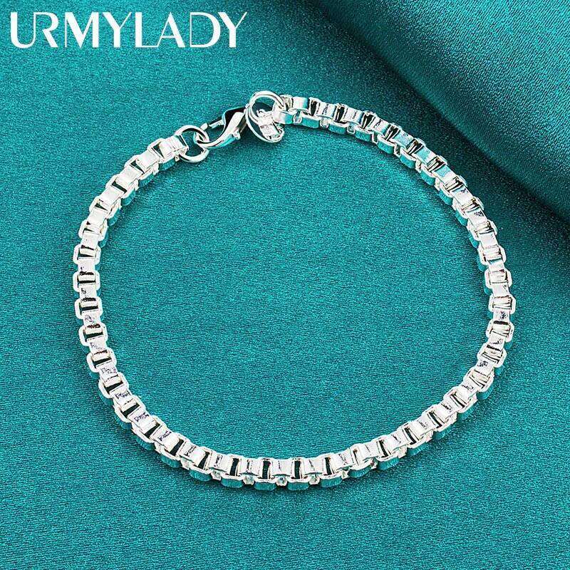 URMYLADY 925 Sterling Silver 4mm Box Chain Bracelet For Men Women Wedding Party Charm Jewelry Z260313