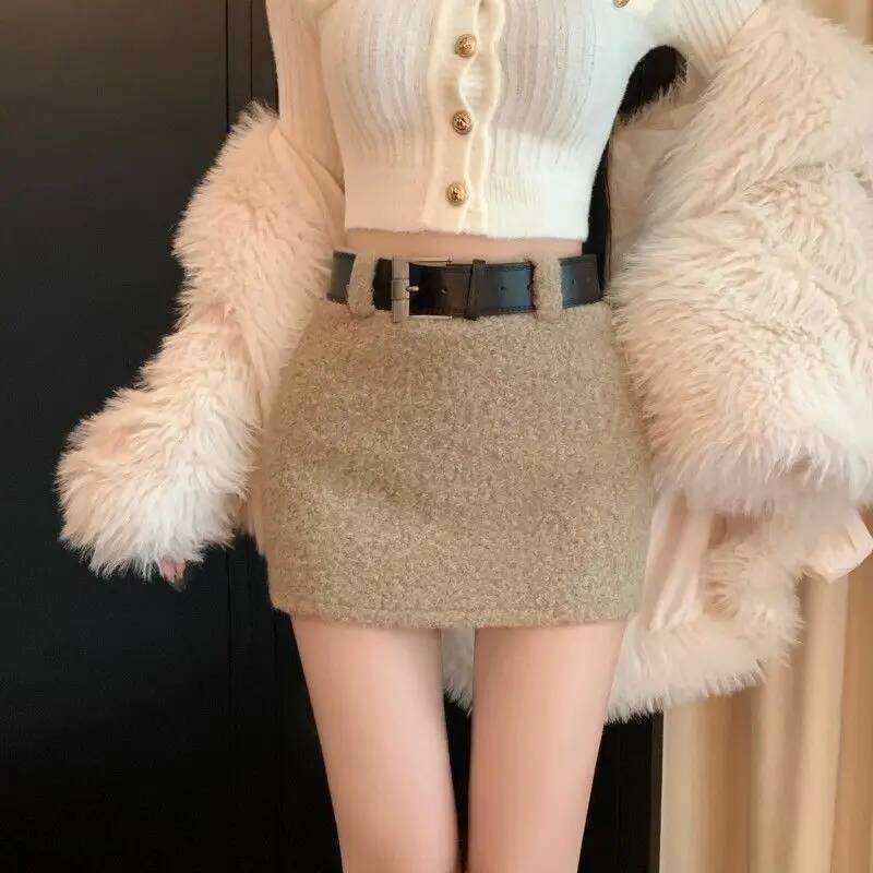 OCEANLOVE Woolen Skirts Women Solid A-line Vintage Autumn Winter Mini Skirt Korean Fashion High Waist Versatile Faldas Mujer Z260314