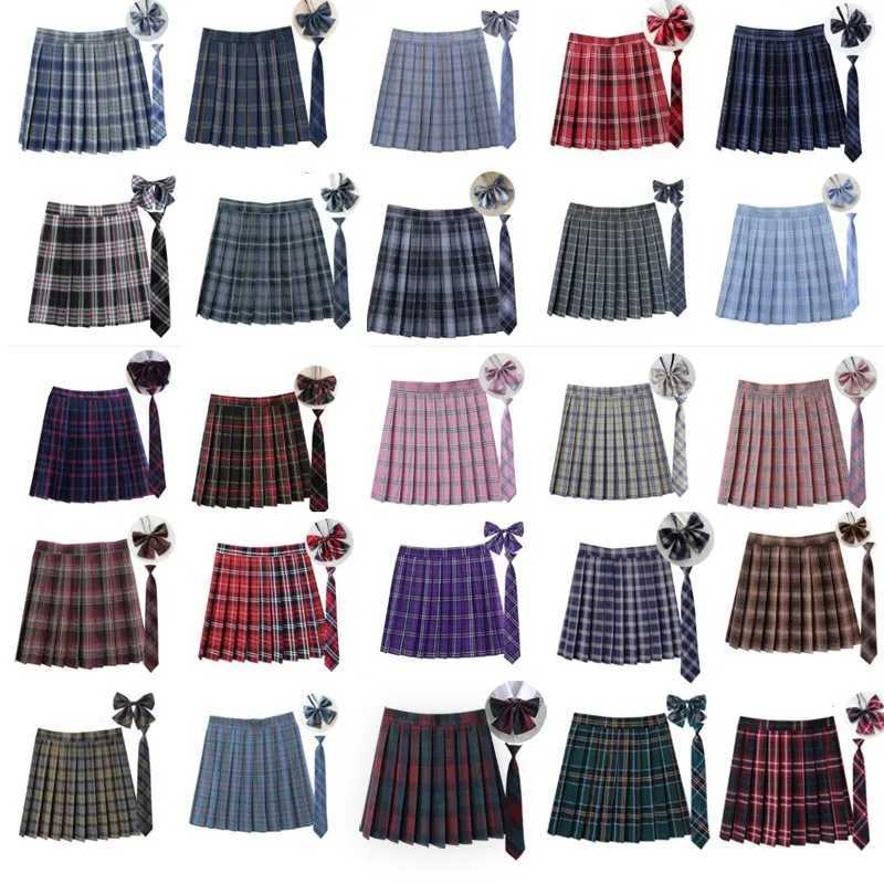 Women Summer Plaid Pleated Skirt With Necktie Bowtie Korean Jk Skirt Uniform Japanese School Preppy A Line Mini Skirts M260314
