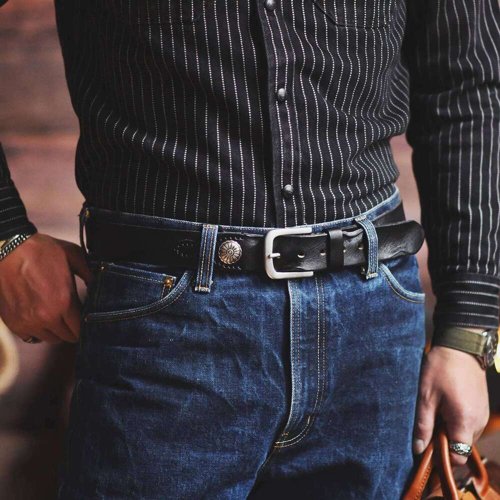 New Product Genuine Men's Pleated USA Western Retro Denim Style Leather Personality Cowboy Pin Buckle Belt Z260226
