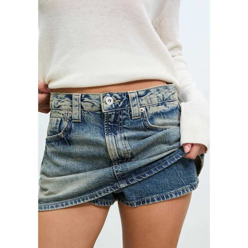 Combhasaki Womens Y2k Vintage Retro Denim Mini Skorts with Pockets Casual Stylish Button Mid Rise A-Line Jean Skirts for Summer M260314