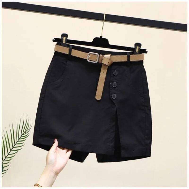 Belted Pure Cotton Shorts for Women Summer New Korean Version Versatile Fashion Button High Waist A-line Culottes Z260314