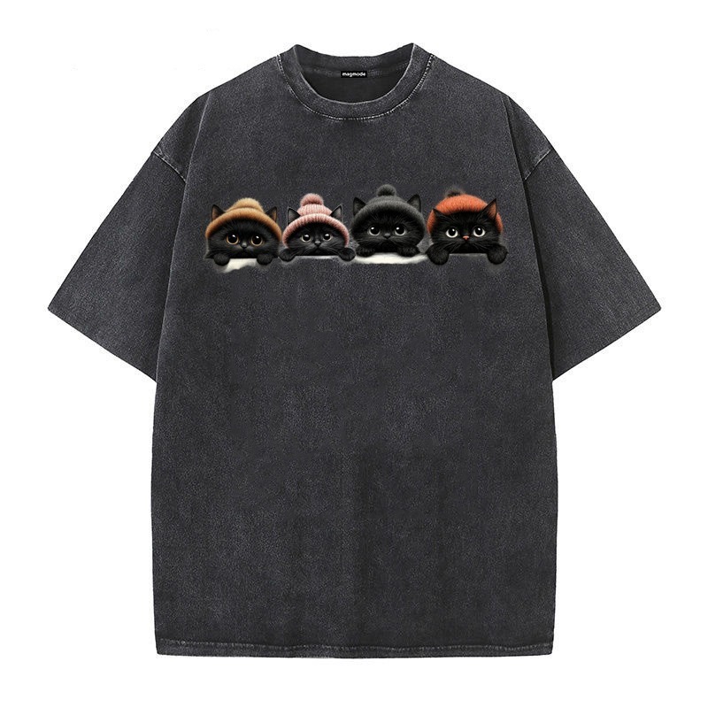 Summer New Designer Hoodie Arrival: Unique Design Designer T-shirt Loosefit Shortsleeve Roundneck Top With Trendy Cat Print Washed Polo Finish Unisex