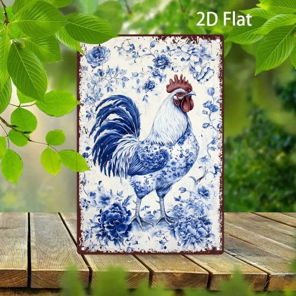 Vintage Rooster Floral Metal Sign 8x12 Inch Blue White Red Rustic Wall Art for Cafe Beach House D260314