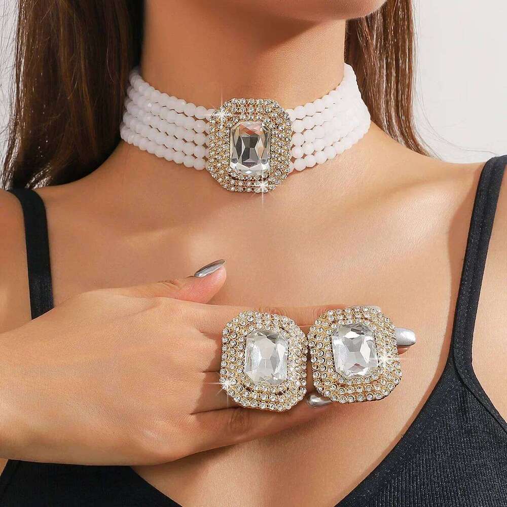 FYUAN Multilayer Champagne Red White Black Crystal Necklace Geometric Square Earrings Women Weddings Banquet Jewelry Sets Z260313