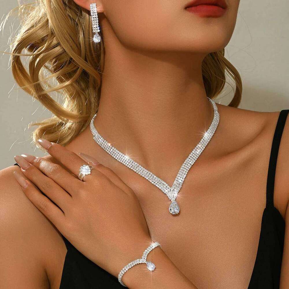 Brilliant high-quality Korean retro elegant necklace, earrings, bracelet, ring, four piece set accessories Z260313