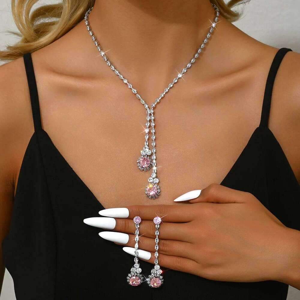 3PC Women's Fashion Zircon Series Pink Flower Necklace Earrings Jewelry Set Suitable for Wedding, Party, Festival Gifts-8582 Z260313