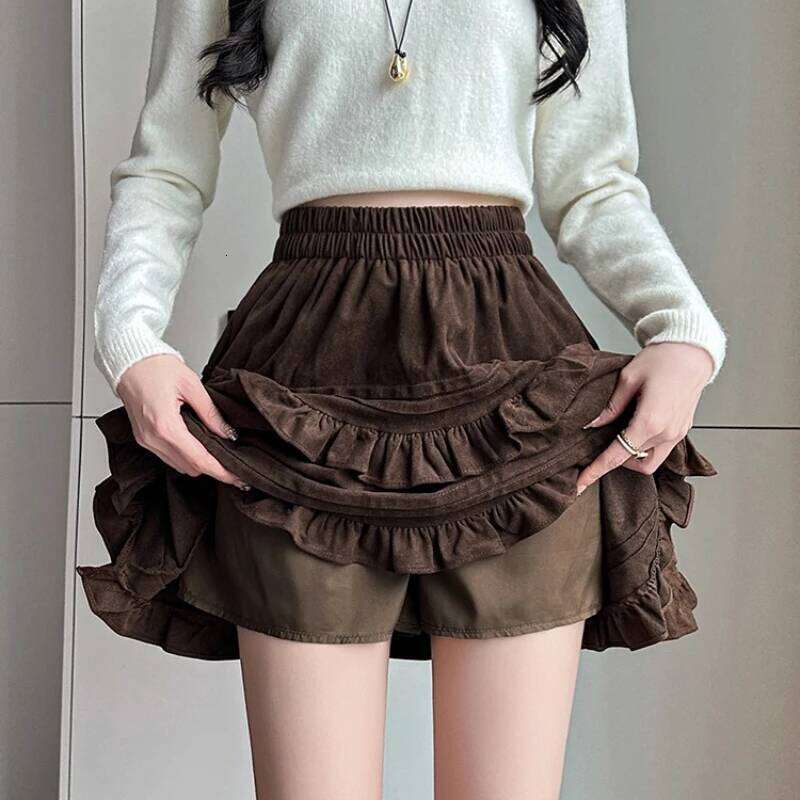 Seoulish Autumn Winter Velvet Ruffles Women's Cake 2025 New High Waist Korean Loose Pleated A-line Short Skirts Female Z260314