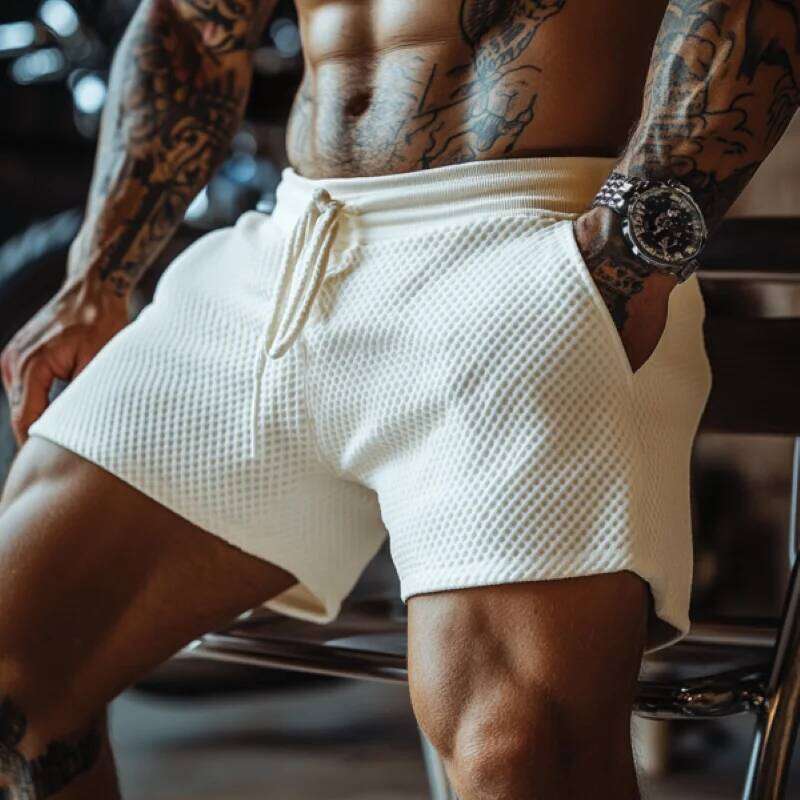 2025 Men's Oversized Stretch Waffle Shorts - Athletic Fitness, Casual Comfort, Elastic Waist, Lace-Up, Daily Basic Breathable Su Z260314