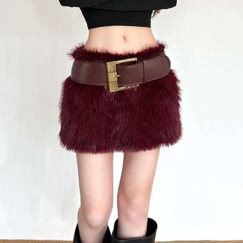 Winter Fashion High Waist Furry for Spicy Girl Stylish Slim Short Bodycon Skirt with Belt Women's Chic Burgundy Skirts Z260314