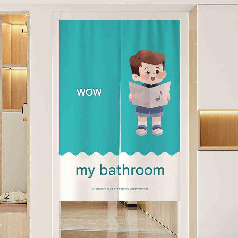 YL-38347 Bathroom Partition Curtain with Lace Trim, Plain Color Patchwork Skirt Hem, Cotton Linen Waterproof Ruffle Edge Linen