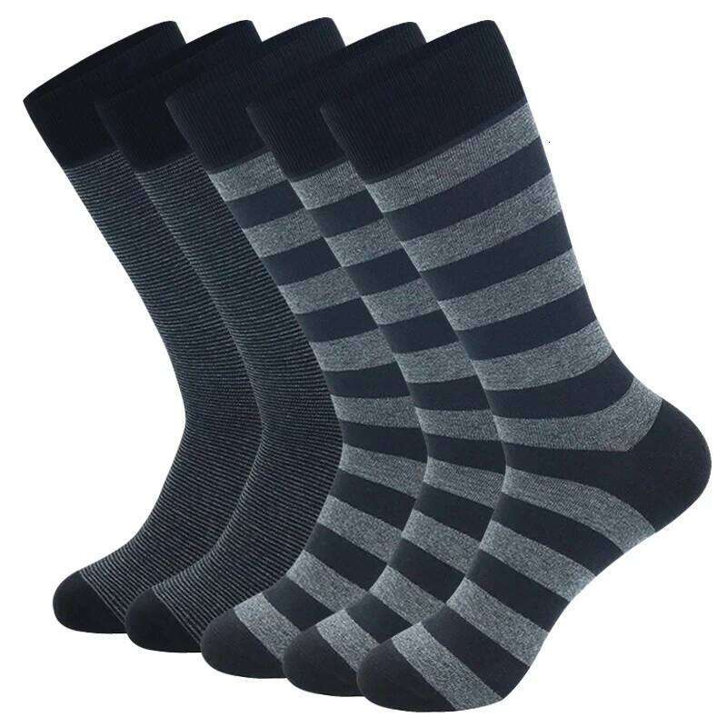 5 Pairs Large Fashion Business High Quality Stripe Black Gray Pure Men Cotton Sports Socks Size EU41-48 Z260314