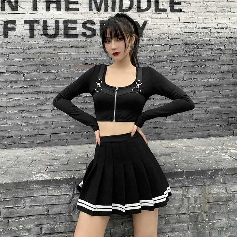 Fashion Korean Style Patchwork Skirt Harajuku Black Pleated Skirts Gothic Streetwear High Waist Mini Skirt Women Punk Skirt M260314