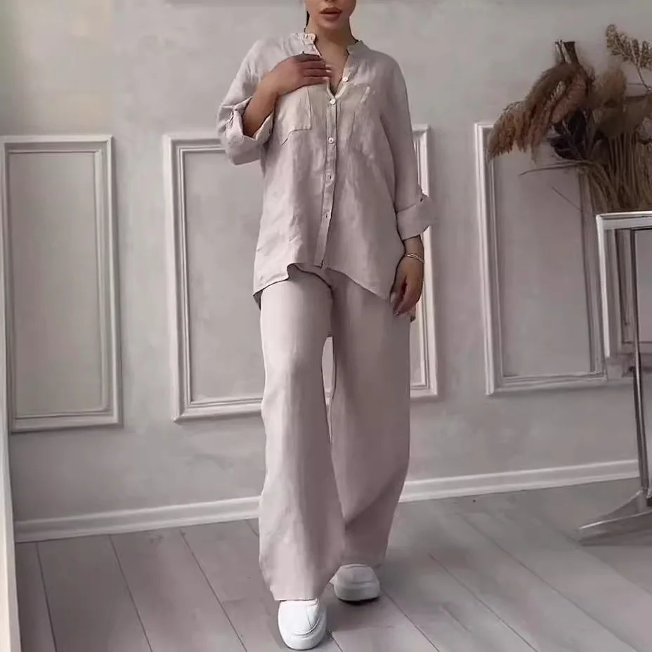 Spring Autumn Cotton Linen Long Sleeved shirt Pants Twopiece Set Women Casual Vneck Shirt Drawstring Wide leg Pant Suit 260312