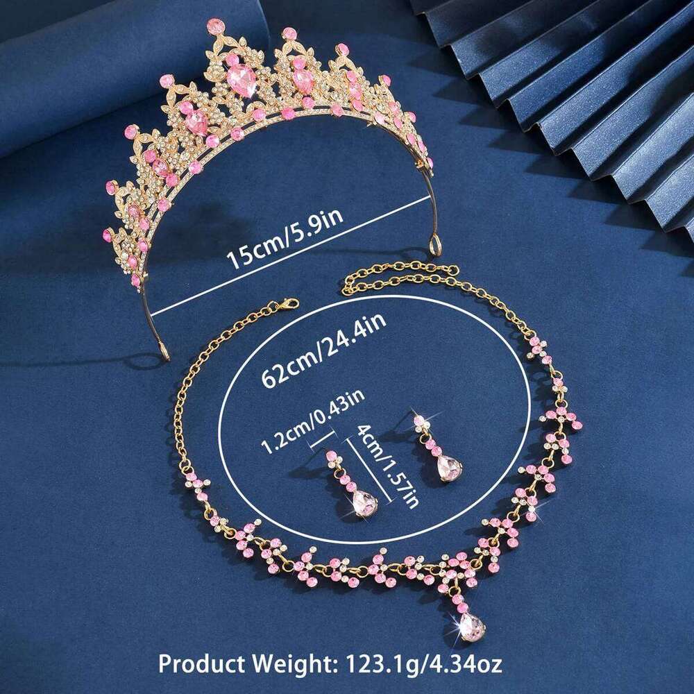 Ladies' Fashion Waterdrop Geometric Round Elegant Crown Necklace Earrings Jewelry Set Z260313