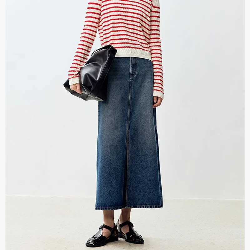 New Lady Summer High Waist Jeans Skirts Hot Sale s Classic Mid-Long Skirts Women Korean Fashion Slit Denim Dress M260314
