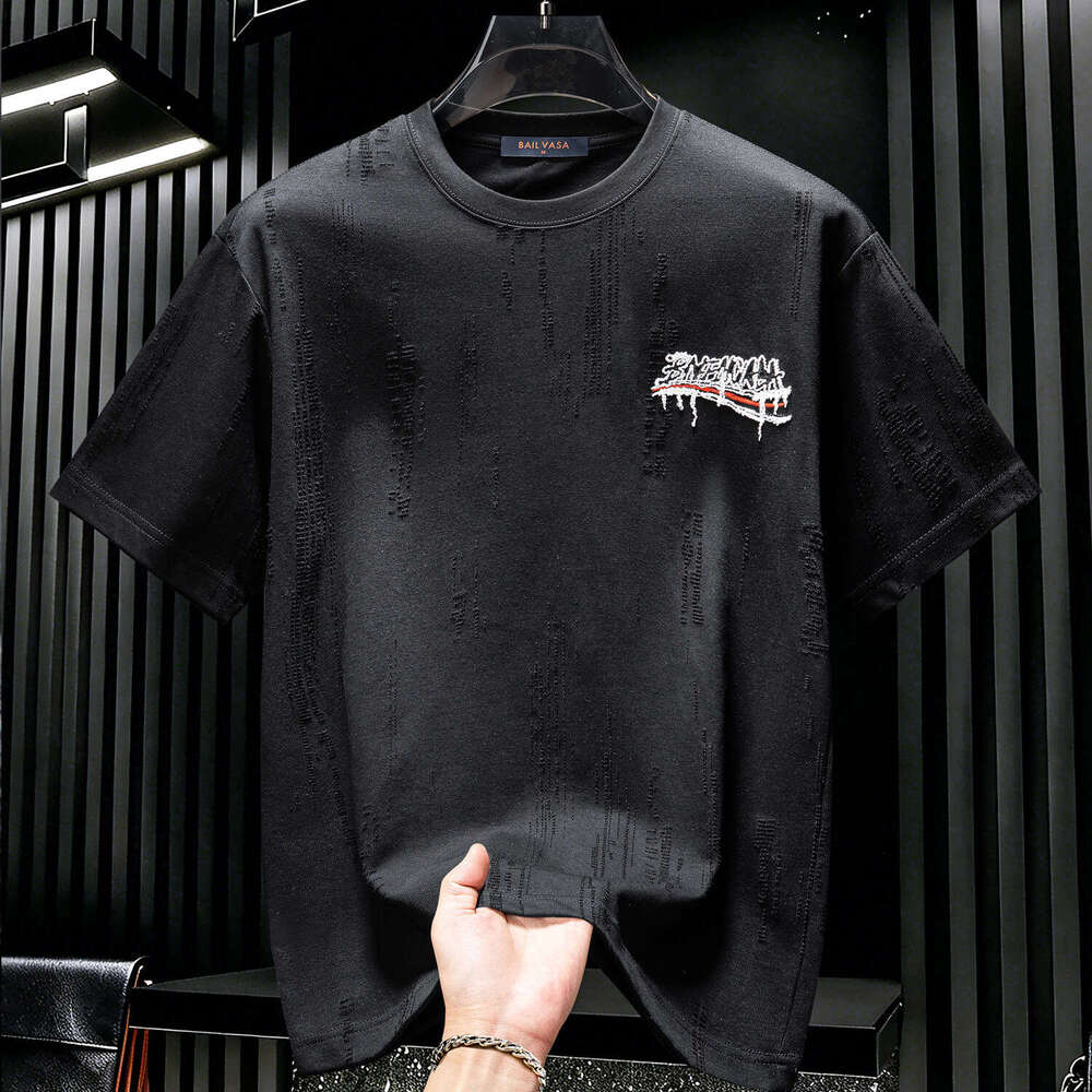 American-Style Men's Embroidered Ripped Short-Sleeve T-Shirt Summer New Trendy Brand Round-Neck Loose-Fit Half-Sleeve Shirt Luanyun