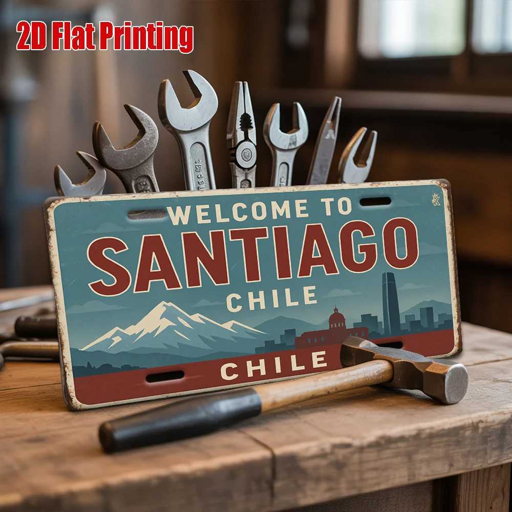 Welcome to Santiago Chile 2D Flat Printing License Plate Style Metal Tin Sign Andean Mountain Cityscape Themed Decorative Alumi D260314
