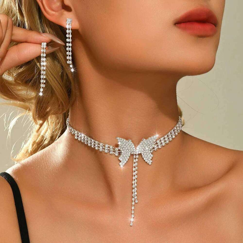 2026 Bling Rhinestone Butterfly Choker Necklace & Earrings Set Women's Tassel Collar Party Jewelry Y2K Sparkling Accessories Z260313