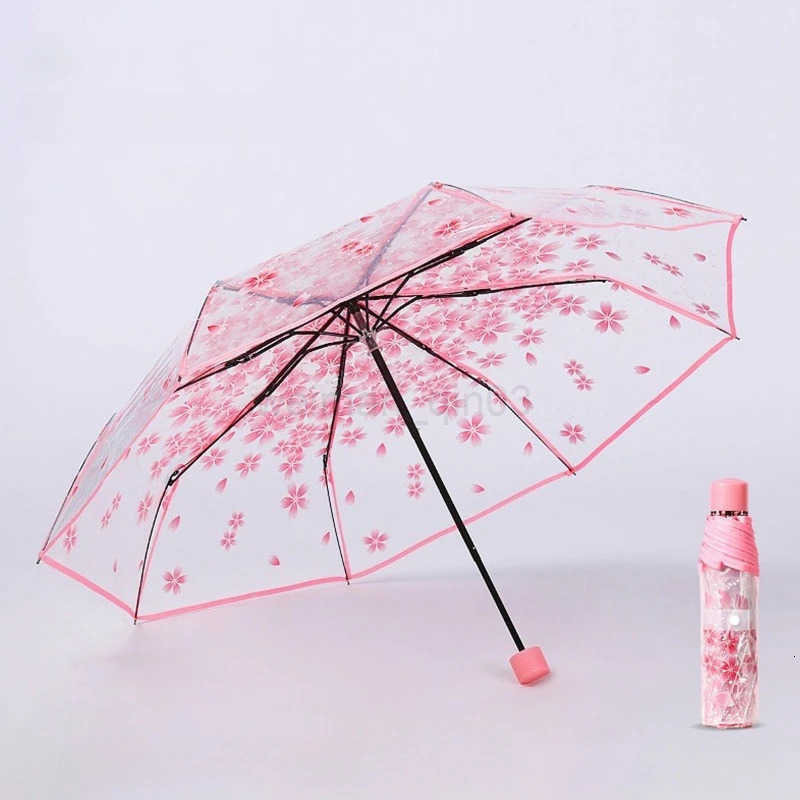 Creative Hand Movement Transparent Male Female Umbrella Cherry Blossom Style Personalized Couple Student Clear Beach Umbrella H260314