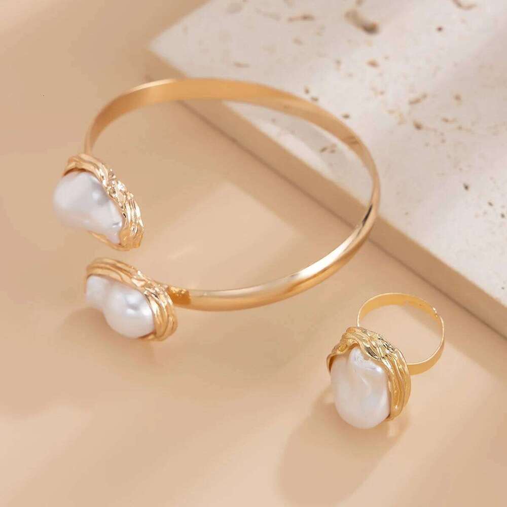 KunJoe Elegant Baroque Imitation Pearl Choker Necklace Bangles Ring Jewelry Set Women Chunky Circle Open Torques Collar Bracelet Z260313