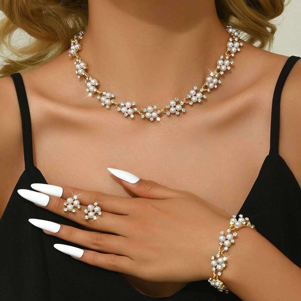 4PC Women's Fashion Imitation Pearl Necklace Earrings Bracelet Jewelry Set Suitable for Wedding, Party, Festival Gifts-8532 Z260313