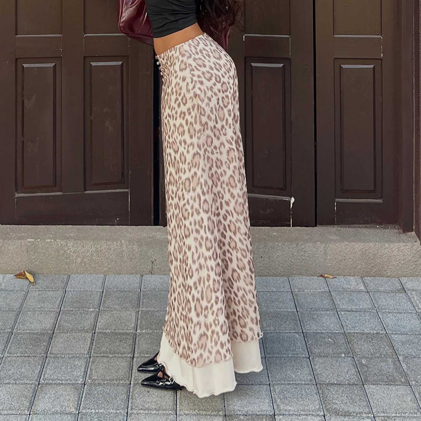SUCHCUTE Leopard Print Double-Layered Long Skirt for Women Y2K Streetwear Slim Ruffle Hem A-line Skirt Summer Spring Casual New M260314