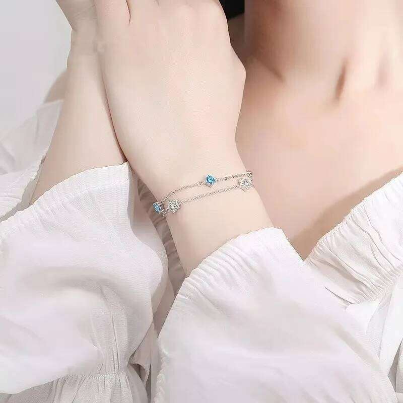 Fine 925 Sterling Silver Sparking Star For Women Girls Vintage Korean Blue White Crystal Bracelets Party Jewelry Gifts Z260313